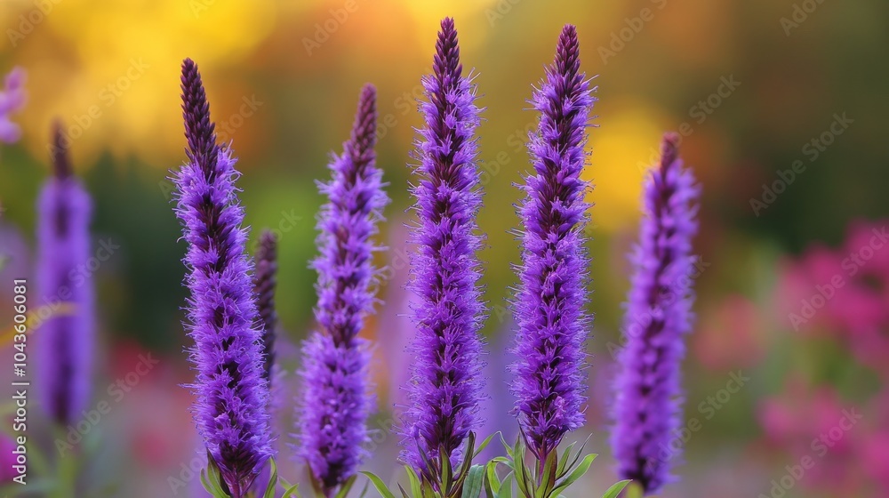 Fototapeta premium Blazing Star Plants in Bloom on a Sunny Day in a Colorful Garden in Sandwich, Cape Cod, Massachusetts
