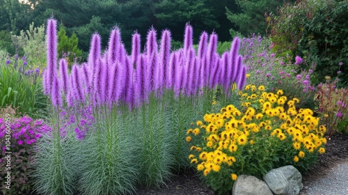 Blazing Star Plants in Bloom: Liatris spicata in Vibrant Purple Colors - Garden in Sandwich, Cape Cod, Massachusetts photo