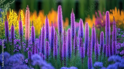 Blazing Star Plants in Bloom: Liatris Spicata in Vibrant Purple Colours on a Sunny Day in a Garden in Sandwich, Cape Cod, Massachusetts photo