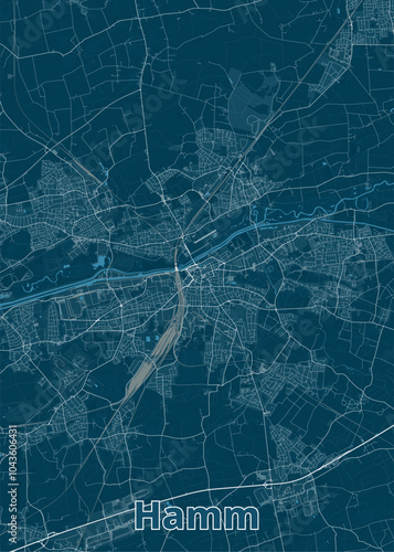 Map of Hamm, Germany, rendered in a minimalist style. The map features a dark blue background with white lines representing roads, streets, and waterways.