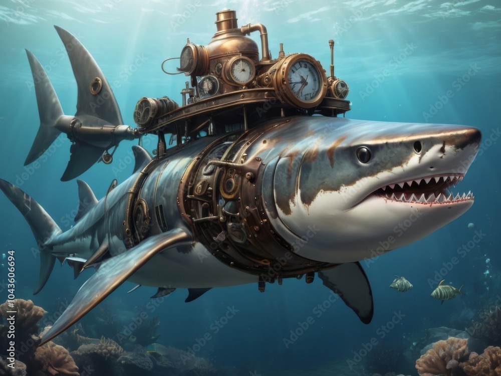 Naklejka premium Shark in steampunk style, illustration, art.
