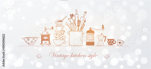 Illustration of kitchen doodles featuring stacked cups, utensils, and coffee makers in a playful vintage style on white shimmering background