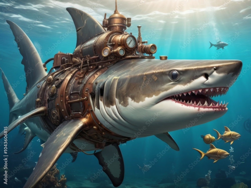 Naklejka premium Shark in steampunk style, illustration, art.