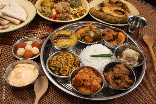 Bengali style thali spread verity cuisine hilsa fish vegetable beef mutton egg curry fry vorta mashed chicken liver sweet yogurt side dish served on rustic metal tin stainless steel plate small bowls photo