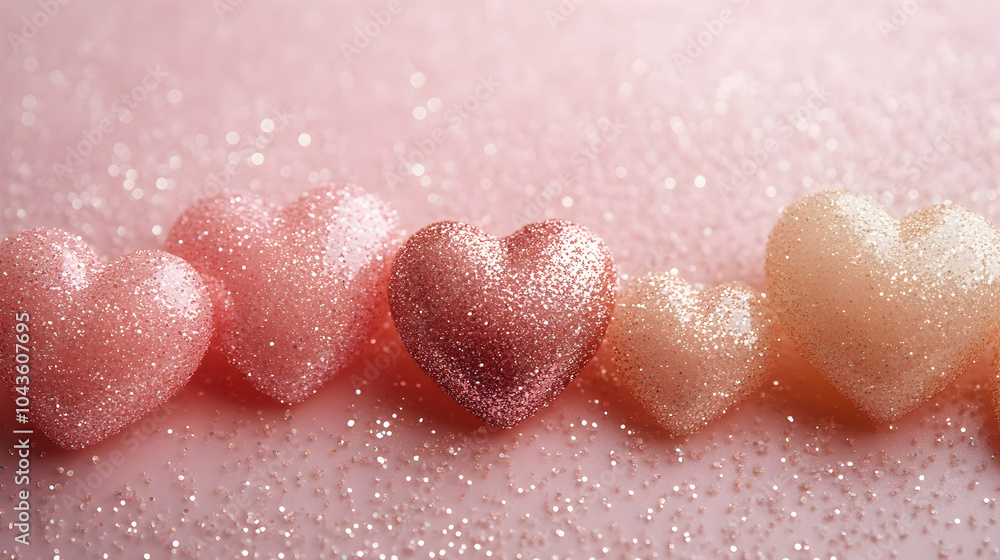 Fototapeta premium Glittery Hearts on Soft Blush Background with Subtle Texture