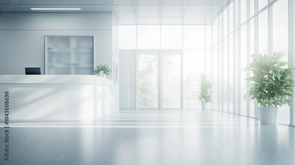 Fototapeta premium Modern reception area with large windows and plants, creating a bright, inviting atmosphere.