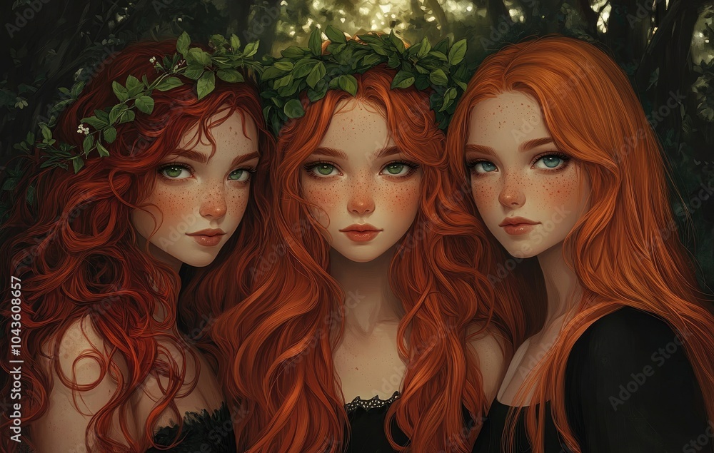 Obraz premium Three beautiful red-haired women with long, curly hair, green eyes, and ivy wreaths on their heads, wearing green