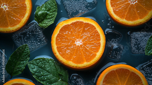 Citrus splash vibrant image of orange slices and mint leaves on ice evokes a fresh. The combination of bright colors and cool tones makes it feel refresh