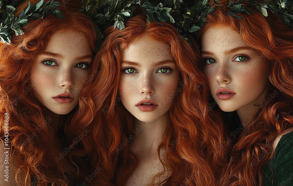 Three beautiful red-haired women with long, curly hair, green eyes, and ivy wreaths on their heads, wearing green Three beautiful red-haired women with long, curly hair, green eyes, and ivy wreaths on their heads, wearing green