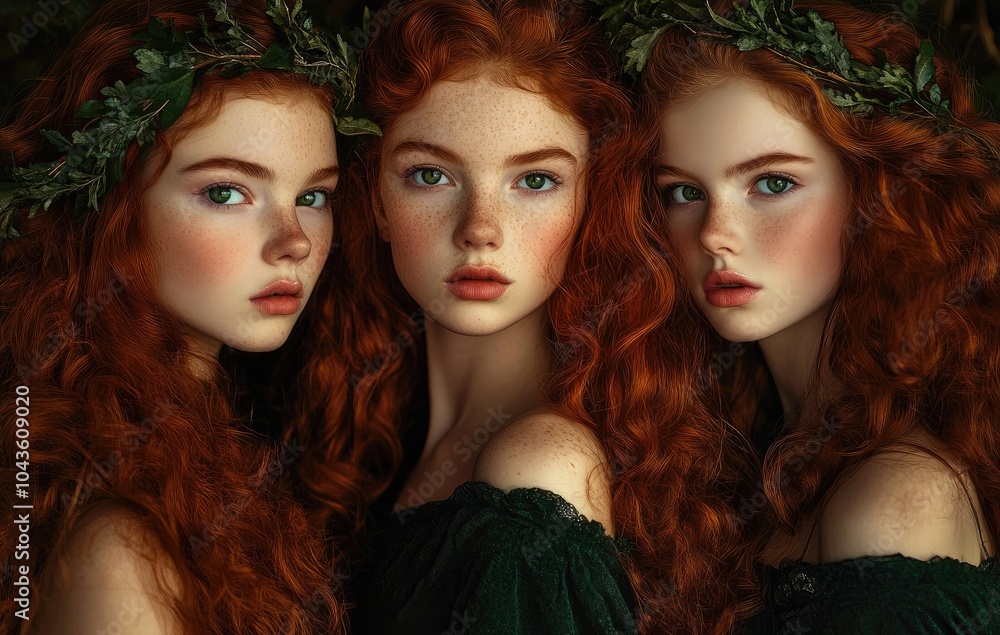 Fototapeta premium Three beautiful red-haired women with long, curly hair, green eyes, and ivy wreaths on their heads, wearing green