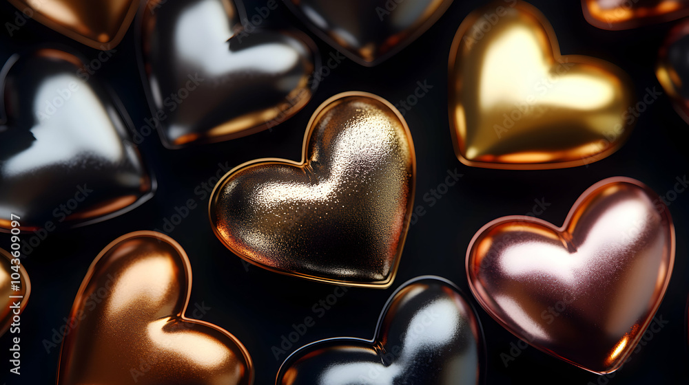 Fototapeta premium Shiny Metallic Heart Shapes Layered on Black Background, Evoking Elegance and Depth