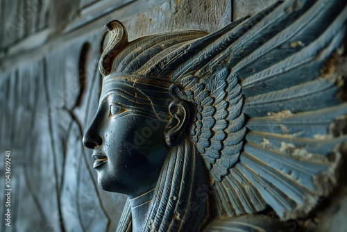 Profile view of an ancient Egyptian goddess Anuket stone relief sculpture with feather headdress photo