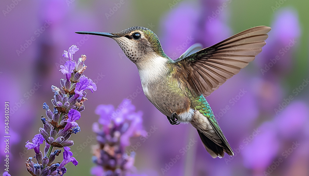 Fototapeta premium Hummingbird hovering, purple flower, iridescent beauty in nature generated by AI