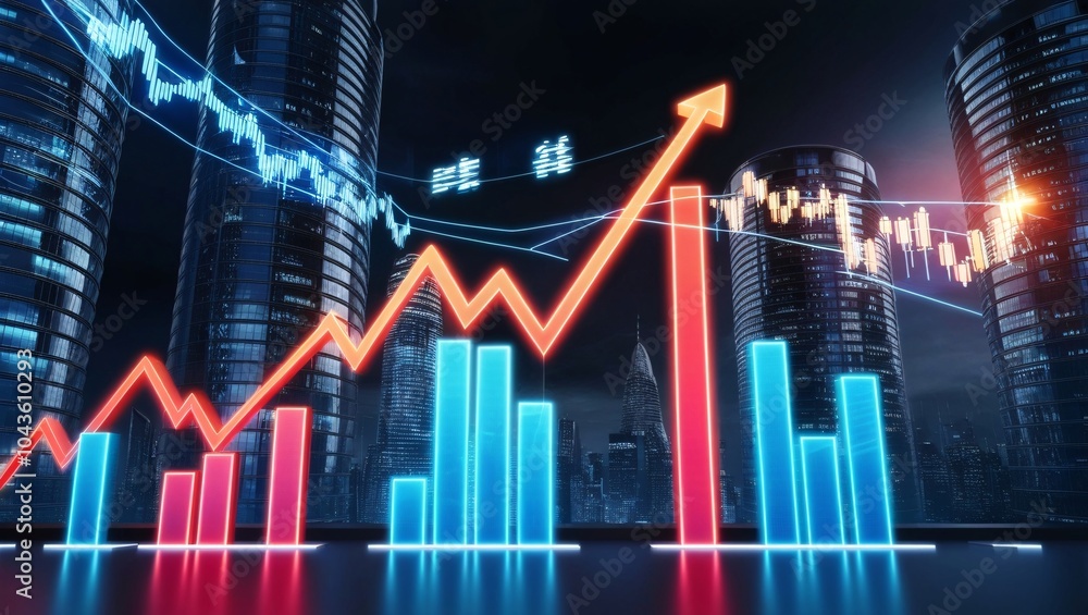 Naklejka premium A computer screen that displays various graphs and data analysis. A businessman analyst scrutinizes digital financial data graphs, employing advanced technology to make insightful investment decisions