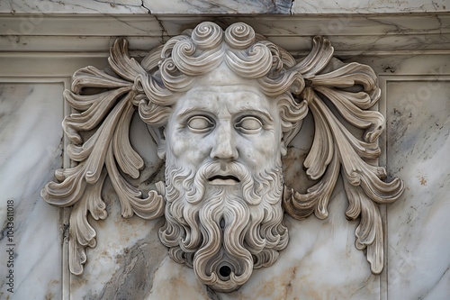 Close up of a white marble mascaron depicting roman god Janus with acanthus leaves decoration, architectural detail photo