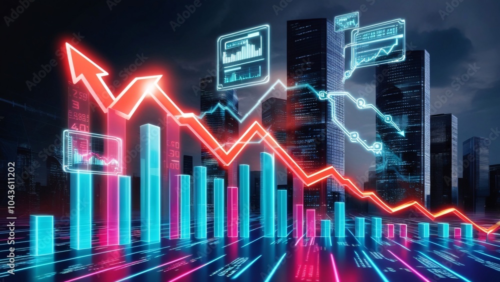 Fototapeta premium A computer screen that displays various graphs and data analysis. A businessman analyst scrutinizes digital financial data graphs, employing advanced technology to make insightful investment decisions