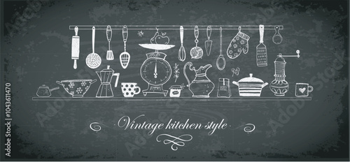 Doodle-style illustration of kitchen tools, including scales, utensils, mugs, and cookware in vintage style on blackboard background