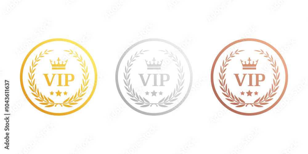 VIP icon set. VIP label set. Gold, silver and bronze Luxary badge collection. VIP icon set. VIP label set. Gold, silver and bronze Luxary badge collection.