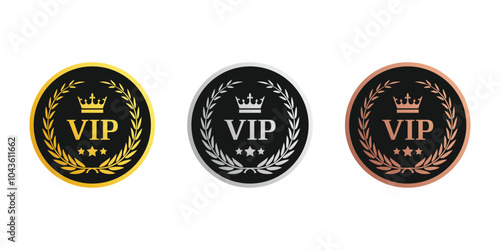 VIP label. VIP icons with crown and stars. Round label with three vip level in gold, silver and bronze color.