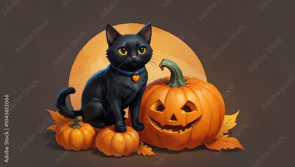Black cat with pumpkins, celebrating Halloween, featuring playful design and festive atmosphere Black cat with pumpkins, celebrating Halloween, featuring playful design and festive atmosphere