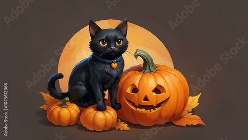 Black cat with pumpkins, celebrating Halloween, featuring playful design and festive atmosphere