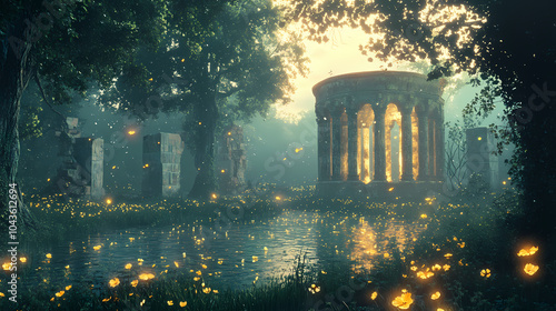 Magical forest clearing at twilight with glowing pond fireflies and ancient ruins fairy tale-inspired with glowing elements soft mystical lighting and enchanted flora. Enchanted Glade. Illustration photo