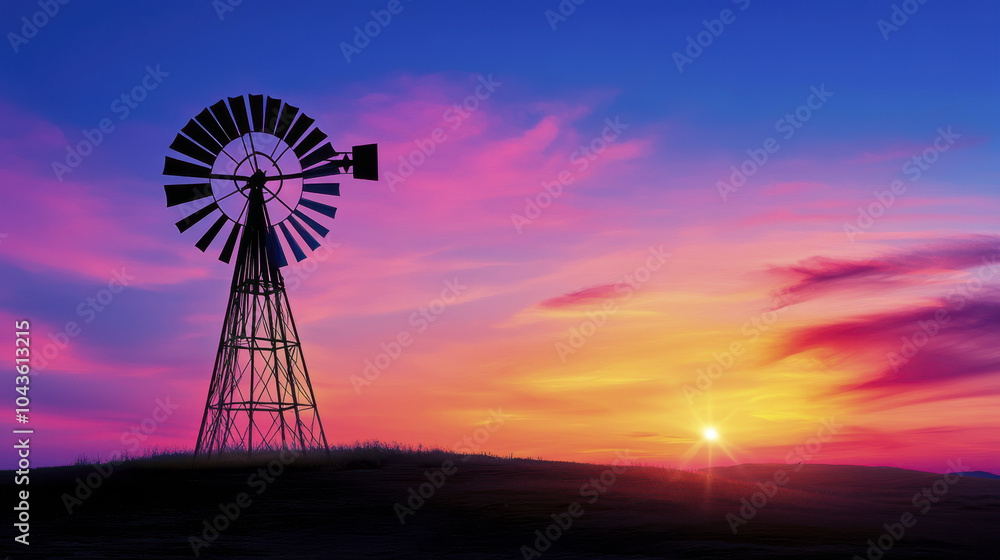 stunning silhouette of windmill against vibrant gradient sky at sunset, showcasing beautiful hues of purple, pink, and orange. scene evokes sense of tranquility and natural beauty stunning silhouette of windmill against vibrant gradient sky at sunset, showcasing beautiful hues of purple, pink, and orange. scene evokes sense of tranquility and natural beauty
