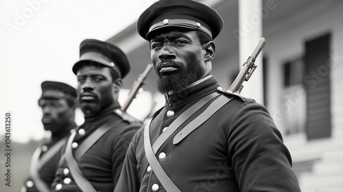 African American soldiers in Union uniforms standing proudly, showcasing their strength and determination. Their expressions reflect deep sense of duty and honor