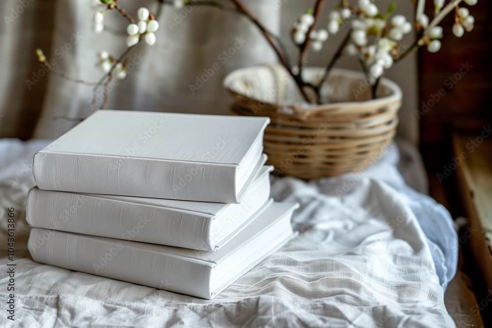 Stack of three white books for text, on textured fabric with wicker basket and flowers in the background Stack of three white books for text, on textured fabric with wicker basket and flowers in the background