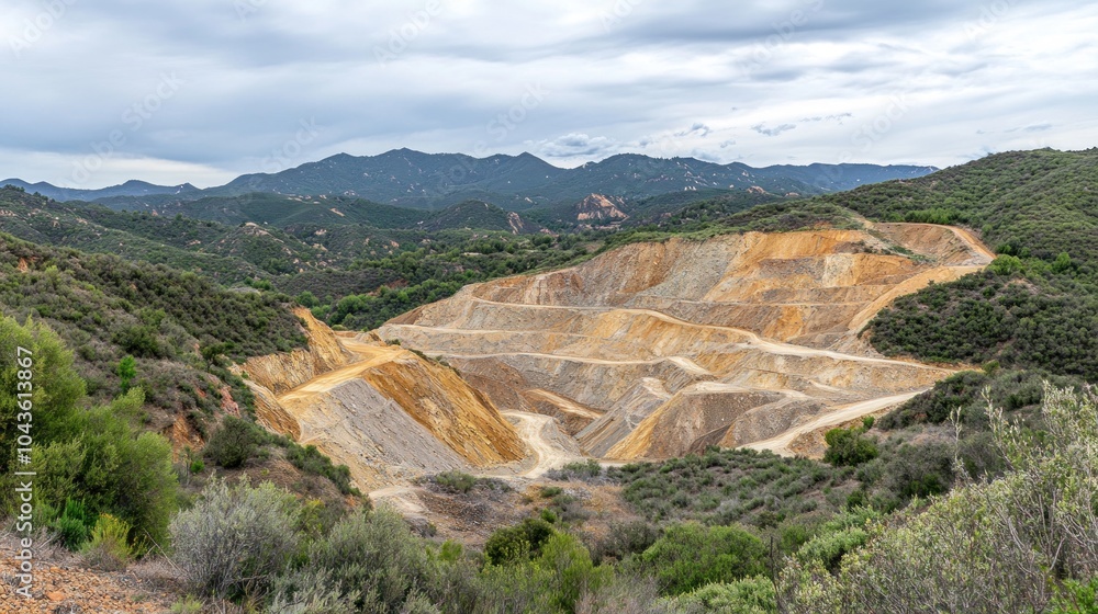 Obraz premium A large, excavated area in a mountainous landscape, showcasing mining or quarrying activity.