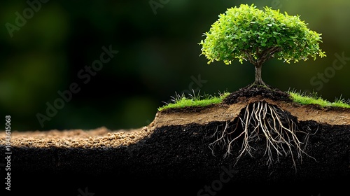 Intricate Layered Cross Section of a Potted Bonsai Tree with Intertwining Roots Showcasing the Natural Growth and Harmony of the Plant s Ecosystem photo