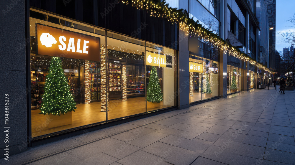 Brightly lit store windows showcase festive sale, adorned with decorative lights and Christmas trees, creating cheerful shopping atmosphere Brightly lit store windows showcase festive sale, adorned with decorative lights and Christmas trees, creating cheerful shopping atmosphere