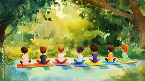 children practicing yoga illustrations, group of children in a serene park, practicing yoga on colorful mats