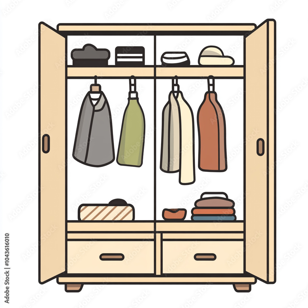 A closet with clothes hanging on the hangers. The clothes are of different colors and styles. A closet with clothes hanging on the hangers. The clothes are of different colors and styles.