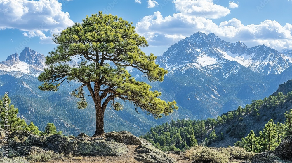 Majestic Mountain Landscape with Lone Pine Tree Majestic Mountain Landscape with Lone Pine Tree