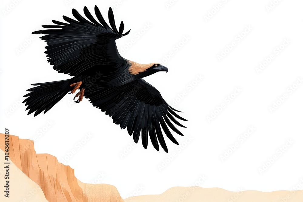 Fototapeta premium A majestic eagle soars gracefully above a rugged landscape, showcasing its powerful wings and keen hunting prowess.