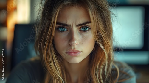 Intense Expression of a Young Woman with Blonde Hair photo