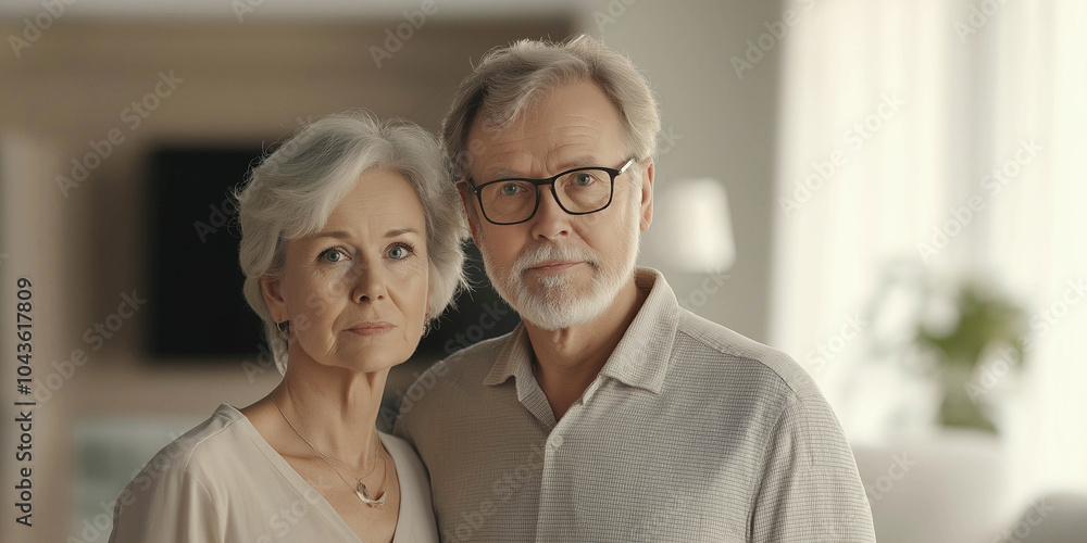 An elderly couple, beautiful 60 year old men and women. They are standing in the living room. International Day of Older Persons concept. Advertising banner An elderly couple, beautiful 60 year old men and women. They are standing in the living room. International Day of Older Persons concept. Advertising banner