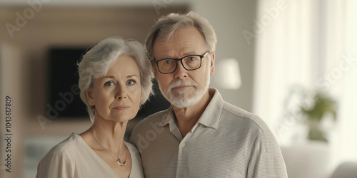 An elderly couple, beautiful 60 year old men and women. They are standing in the living room. International Day of Older Persons concept. Advertising banner