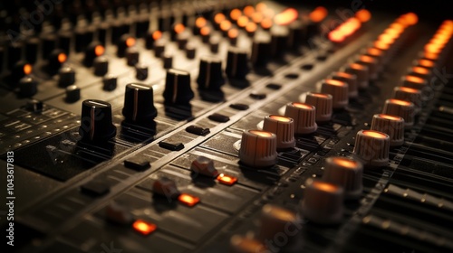 Close-up of a professional audio mixing console with illuminated knobs and sliders, showcasing intricate sound control. photo