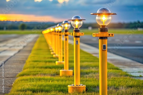 Runway landing lights viewed from ground level on yellow poles Macro image photo