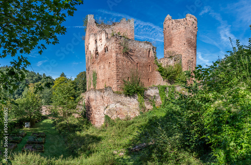 Ottrott Castles, France - 09 07 2024: View of the Rathsamhausen Castle and the medieval garden. photo