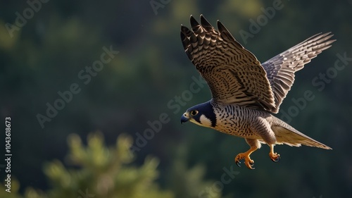 A Peregrine Falcon in flight with its wings spread wide, soaring above a lush green forest.