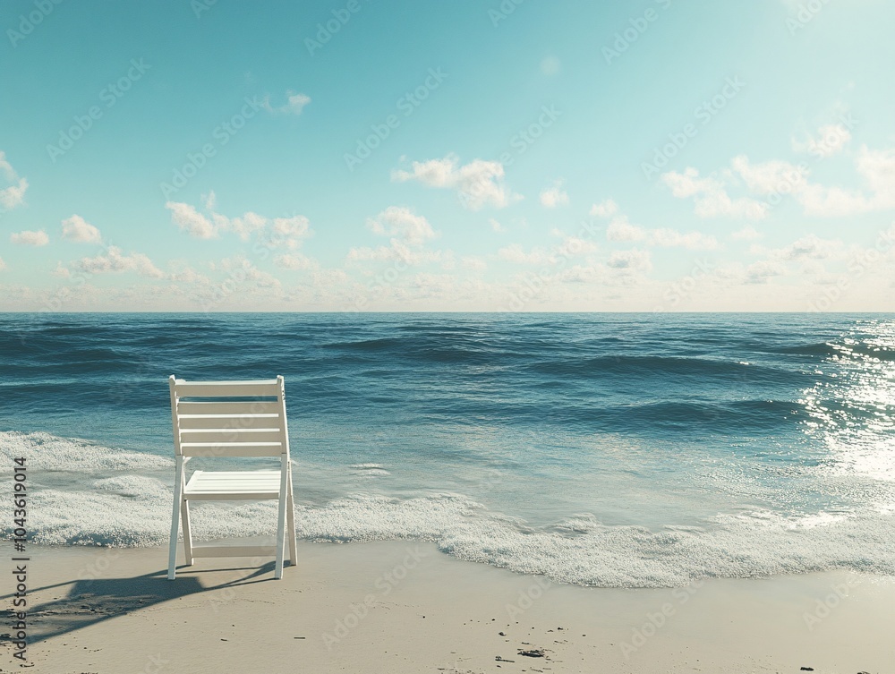 A serene beach scene featuring a white chair facing the calm ocean waters under a clear blue sky, evoking peace and relaxation.