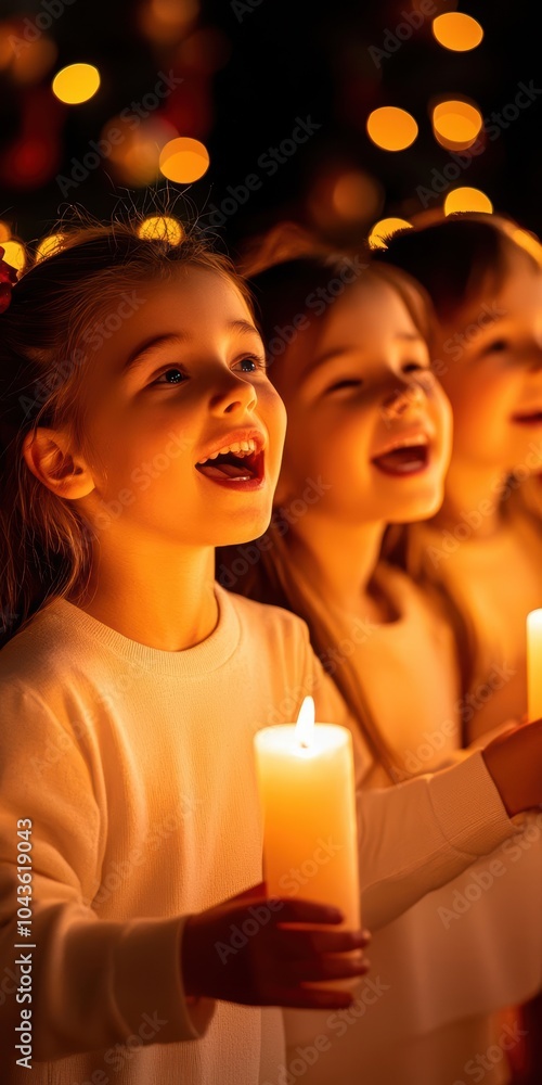 Fototapeta premium Children joyfully singing with candles in festive, warm atmosphere.