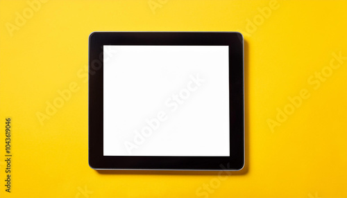Digital tablet with blank screen against isolated yellow backdrop. Mock-up.