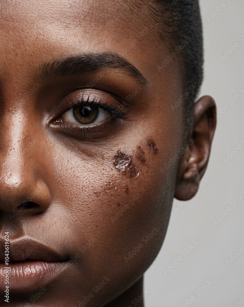Obraz premium Woman's Cheek with Acne Scars in Close-Up View