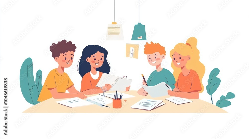 children doing homework illustrations, happy kids working together on school assignments in a warm environment children doing homework illustrations, happy kids working together on school assignments in a warm environment