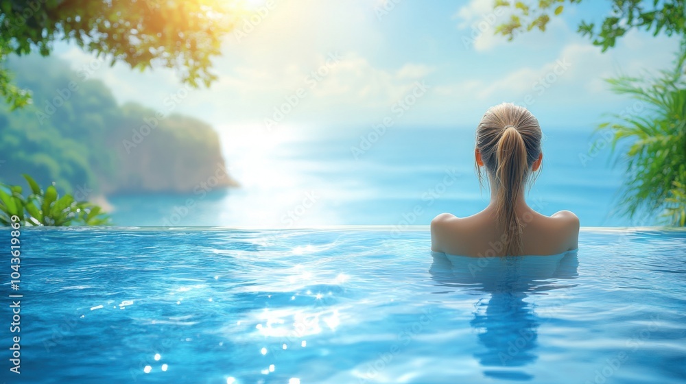 A woman relaxes in an outdoor pool, savoring the tranquil atmosphere created by the tropical plants and ocean surrounding her on a sunny day. A woman relaxes in an outdoor pool, savoring the tranquil atmosphere created by the tropical plants and ocean surrounding her on a sunny day.