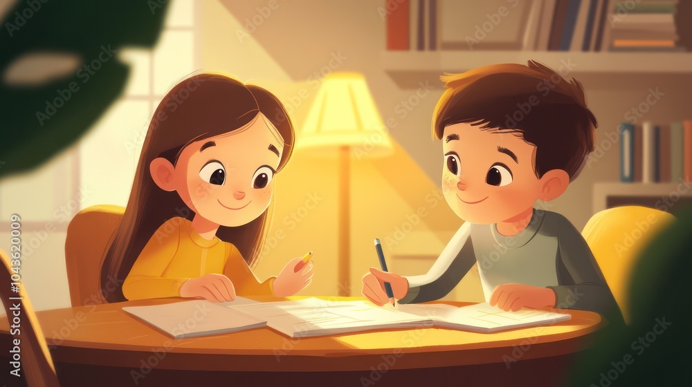 children doing homework illustrations, focused children helping each other with their homework at a cozy table children doing homework illustrations, focused children helping each other with their homework at a cozy table